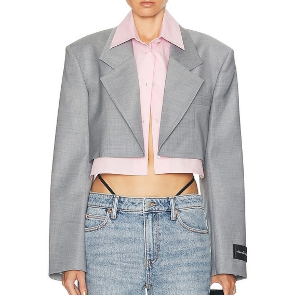 Alexander Wang Pre-Styled Cropped Blazer with Dickie Light Heather Grey Women’s - Picture 3 of 7